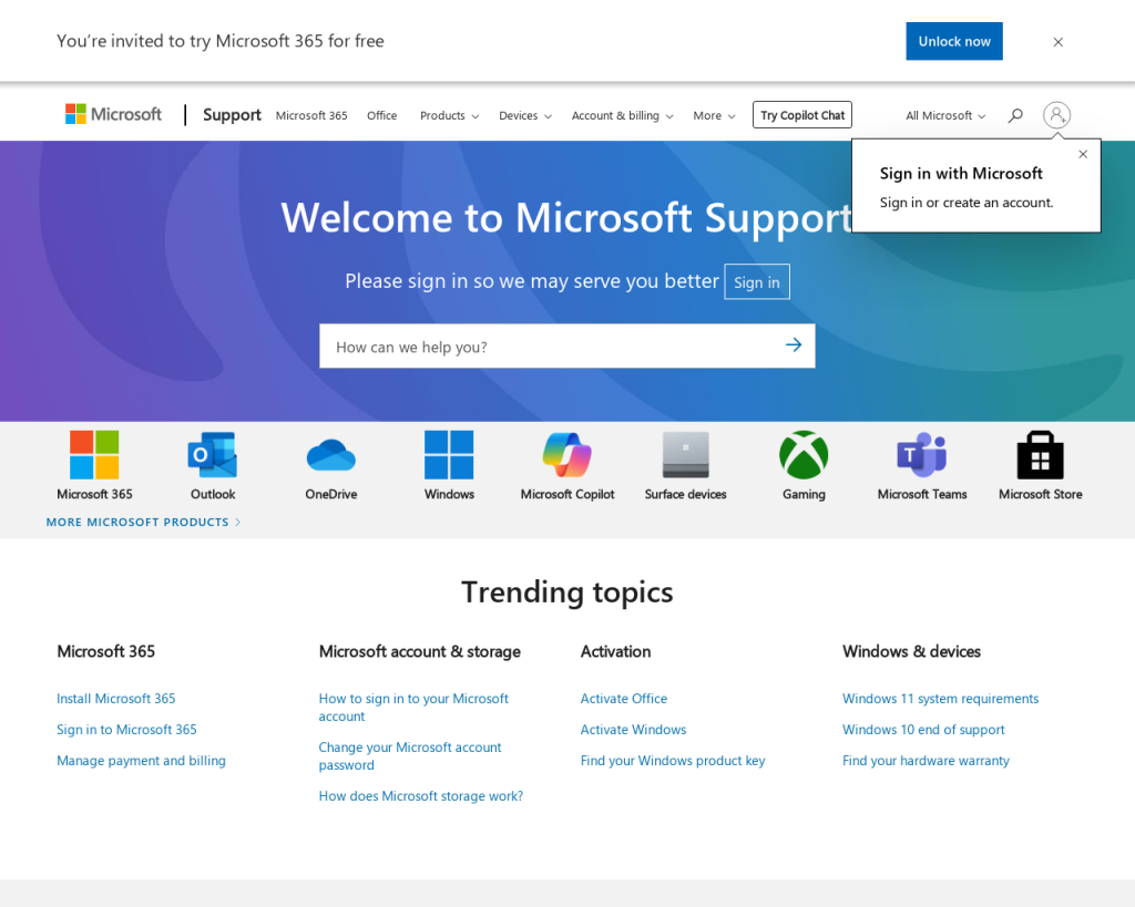 Screenshot of support.microsoft.com