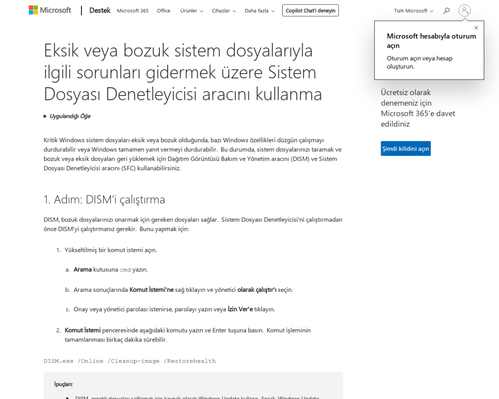 Screenshot of support.microsoft.com