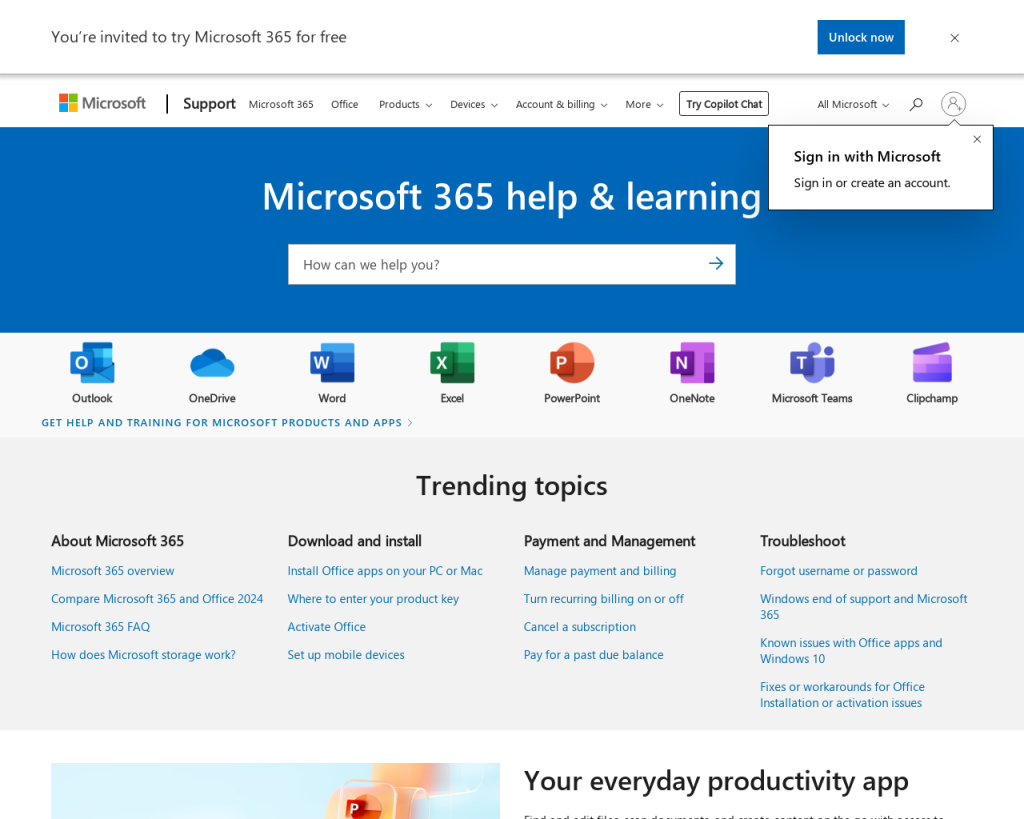 Screenshot of support.microsoft.com