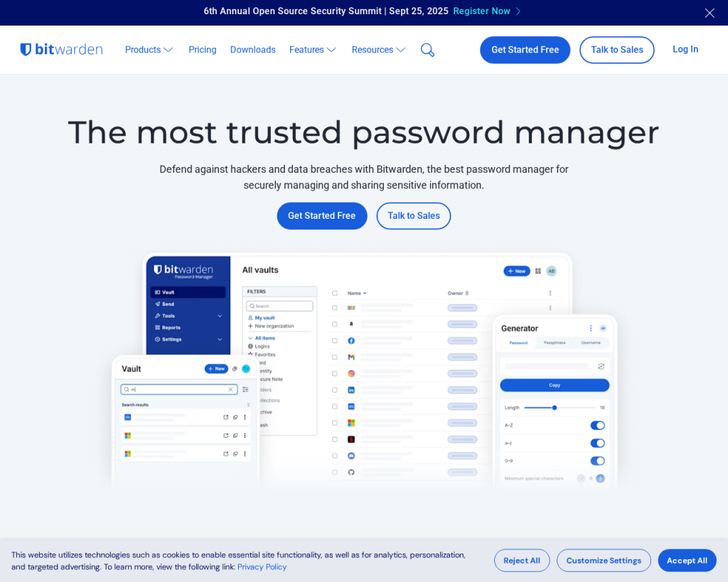 Screenshot of www.bitwarden.com
