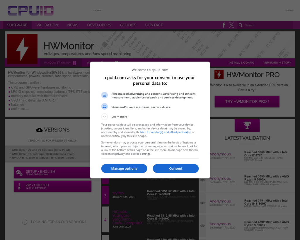 Screenshot of www.cpuid.com