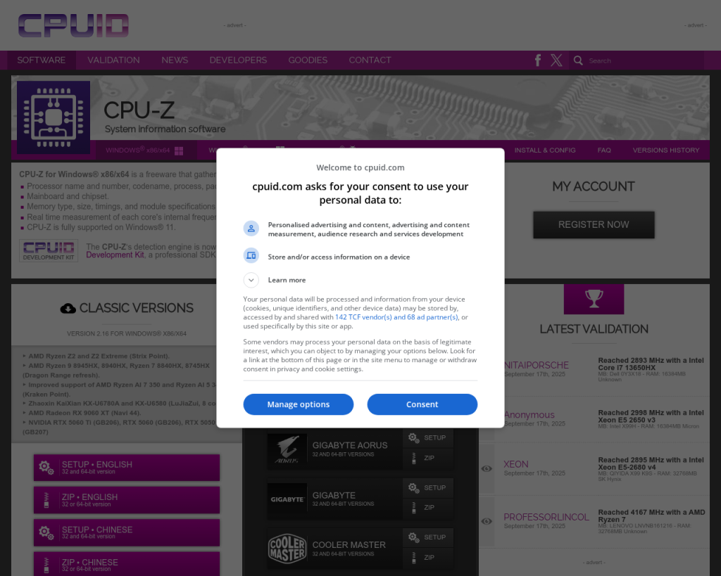 Screenshot of www.cpuid.com