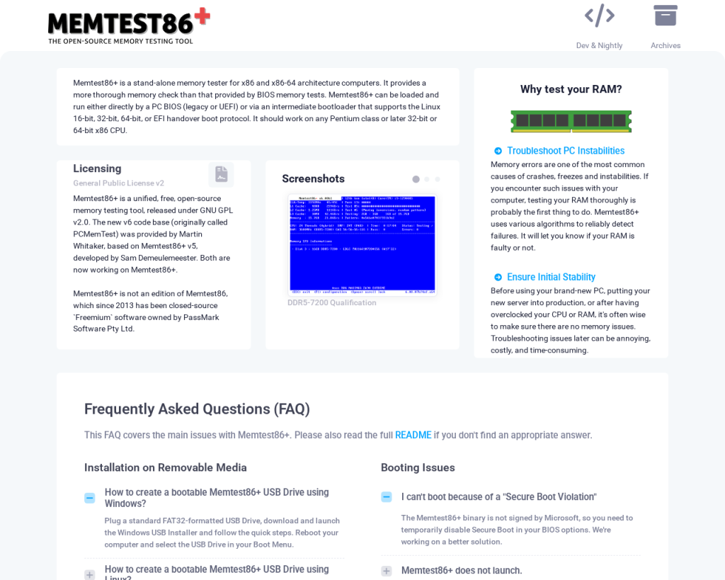 Screenshot of www.memtest.org